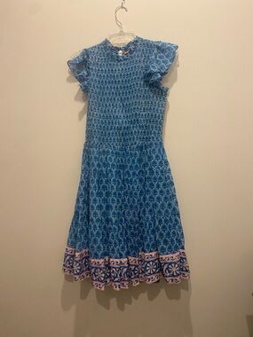 Oliphant Blue Printed Smocked Dress with Border Trim